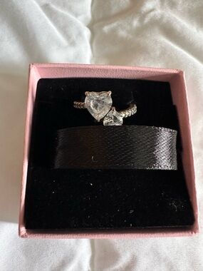 Pandora Silver Heart Double Stone Ring with Clear Hearts
